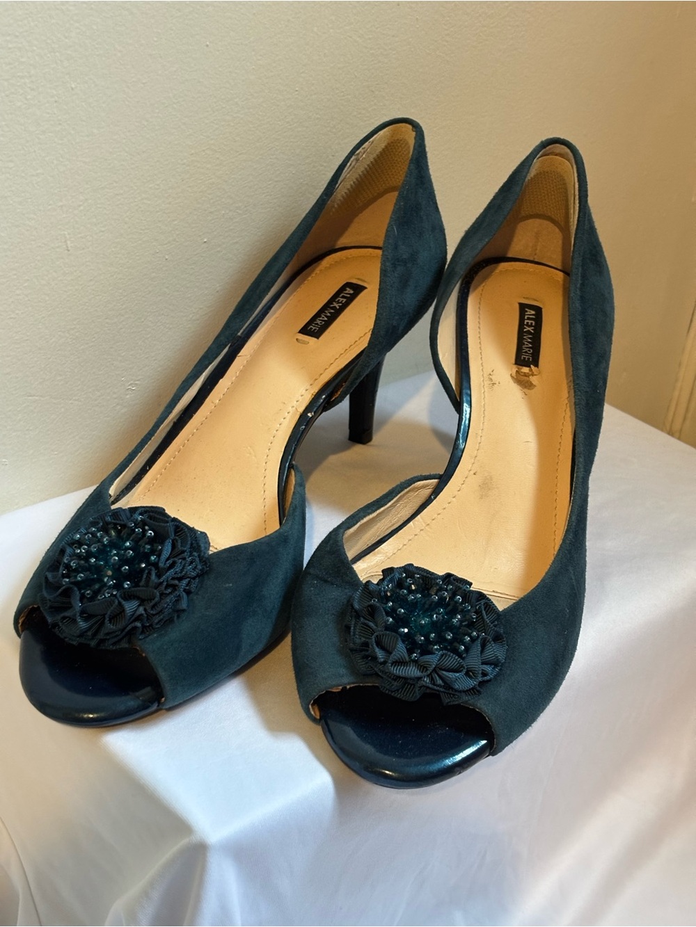 Alex Marie Teal Blue Suede Peep-Toe Heels with Floral Bead Accent